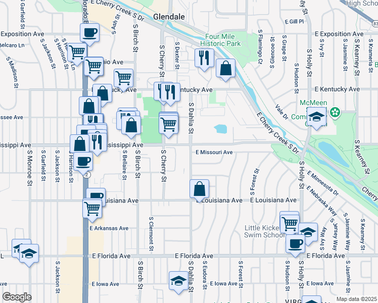 map of restaurants, bars, coffee shops, grocery stores, and more near 1119 South Dahlia Street in Denver