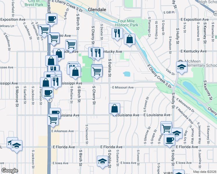 map of restaurants, bars, coffee shops, grocery stores, and more near 1119 South Dahlia Street in Denver