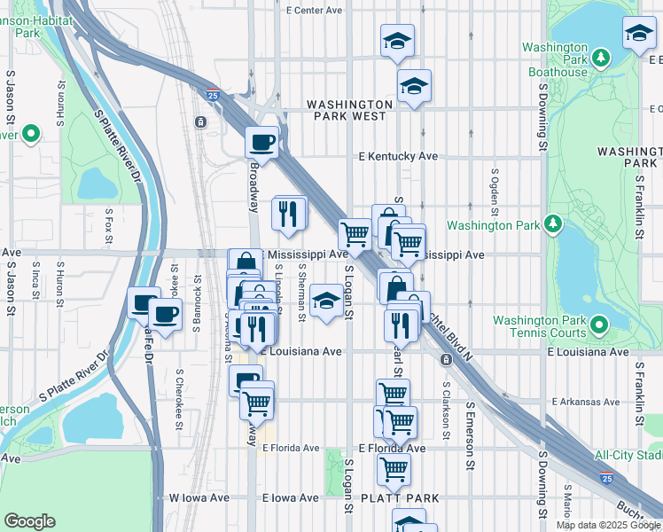 map of restaurants, bars, coffee shops, grocery stores, and more near 1126 South Grant Street in Denver
