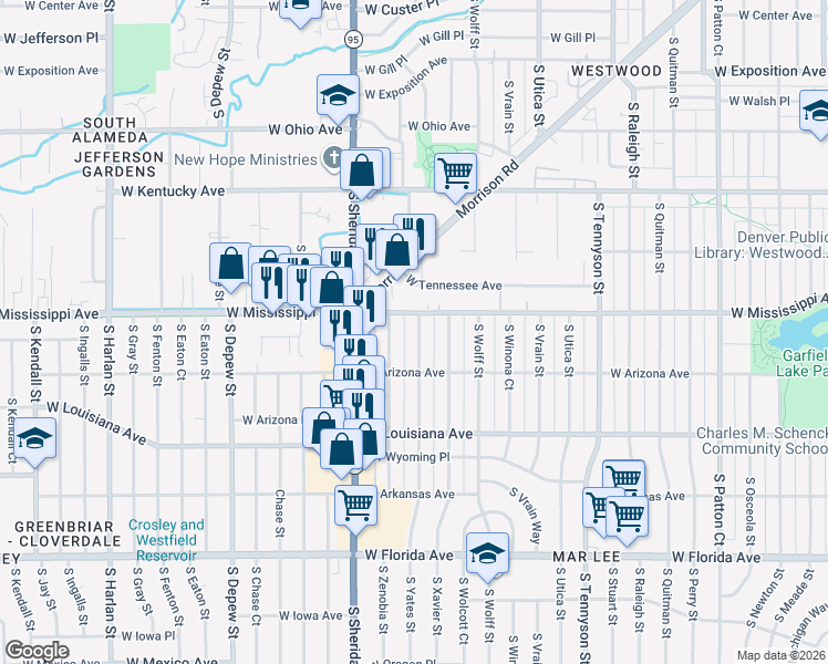 map of restaurants, bars, coffee shops, grocery stores, and more near 1135 South Yates Street in Denver