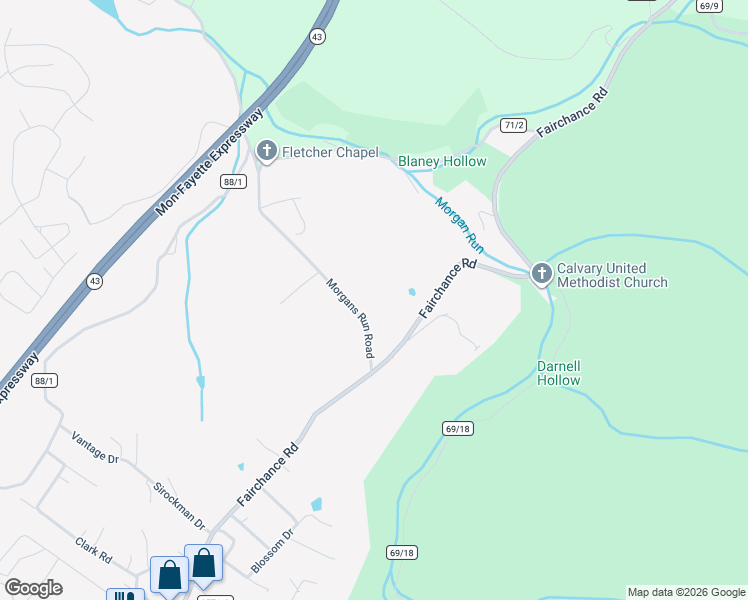 map of restaurants, bars, coffee shops, grocery stores, and more near 56 Morgans Run Road in Morgantown