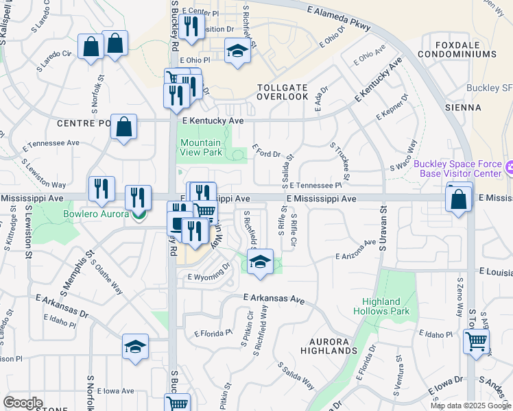 map of restaurants, bars, coffee shops, grocery stores, and more near 17346 East Kansas Place in Aurora