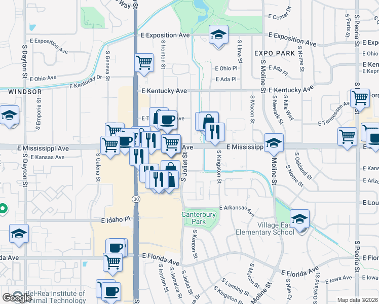 map of restaurants, bars, coffee shops, grocery stores, and more near 1150 South Joliet Street in Aurora