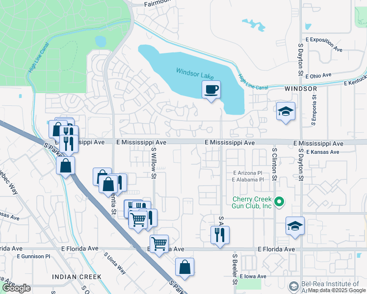 map of restaurants, bars, coffee shops, grocery stores, and more near 1119 South Xenia Street in Denver