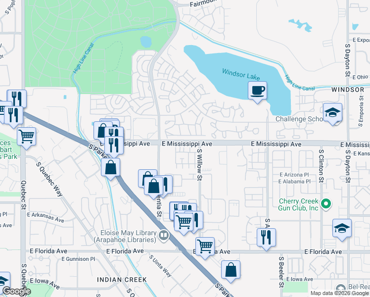 map of restaurants, bars, coffee shops, grocery stores, and more near 8420 East Mississippi Avenue in Denver