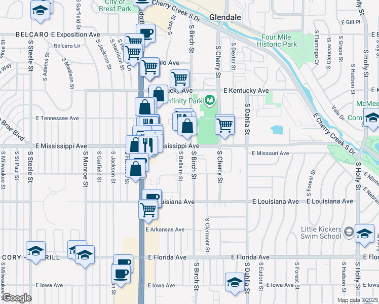 map of restaurants, bars, coffee shops, grocery stores, and more near 1110 South Bellaire Street in Glendale