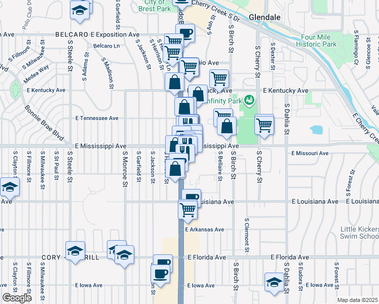map of restaurants, bars, coffee shops, grocery stores, and more near 1100 Colorado 2 in Denver