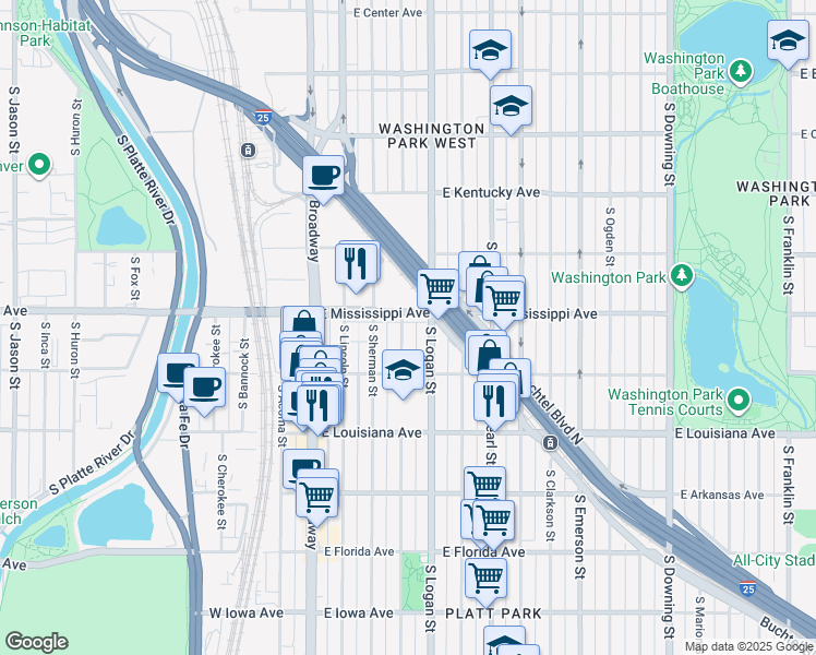 map of restaurants, bars, coffee shops, grocery stores, and more near 1126 South Grant Street in Denver