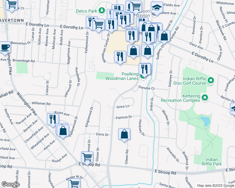 map of restaurants, bars, coffee shops, grocery stores, and more near 3390 Woodman Drive in Dayton