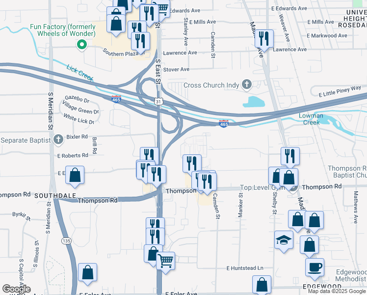 map of restaurants, bars, coffee shops, grocery stores, and more near 4800 West Chesterfield Drive in Indianapolis