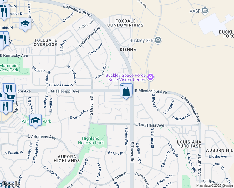 map of restaurants, bars, coffee shops, grocery stores, and more near 1159 South Walden Court in Aurora