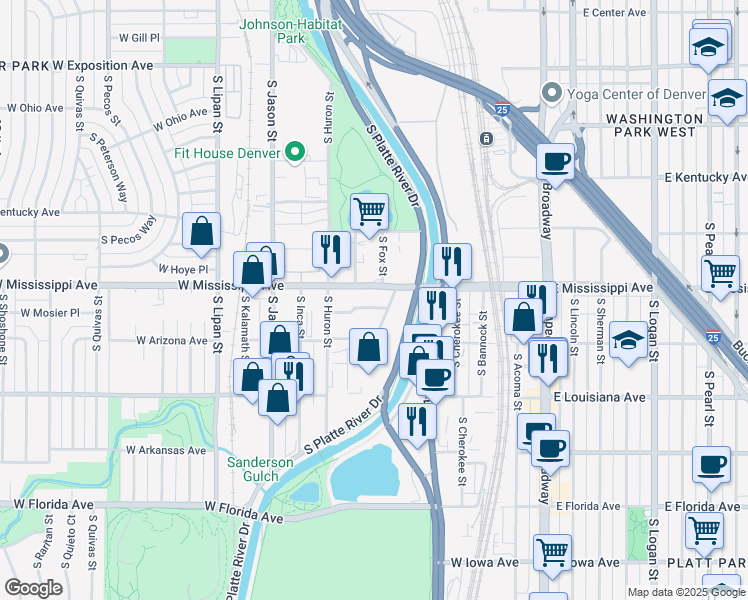 map of restaurants, bars, coffee shops, grocery stores, and more near 700 West Mississippi Avenue in Denver