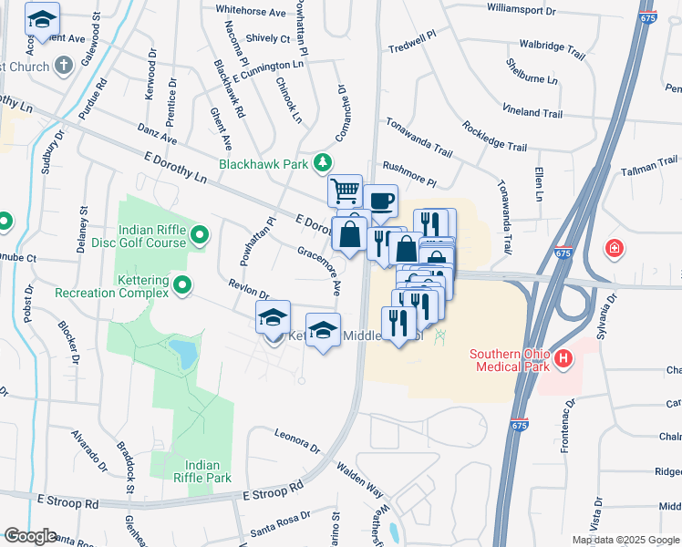 map of restaurants, bars, coffee shops, grocery stores, and more near 3207 Gracemore Avenue in Dayton