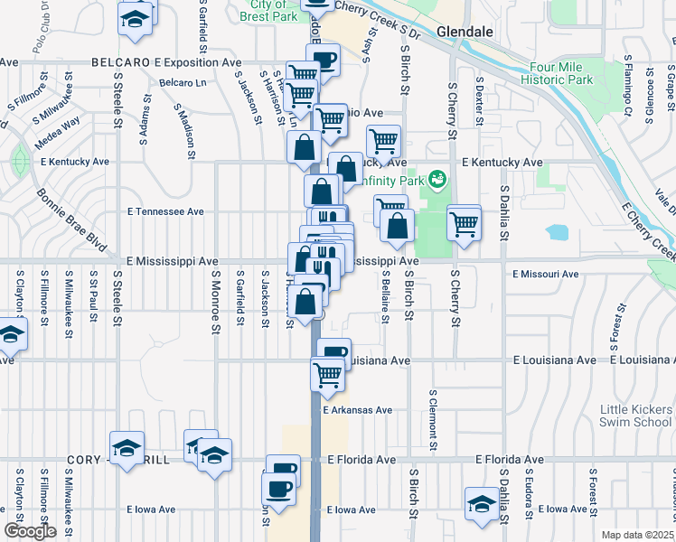 map of restaurants, bars, coffee shops, grocery stores, and more near 1100 Colorado 2 in Denver