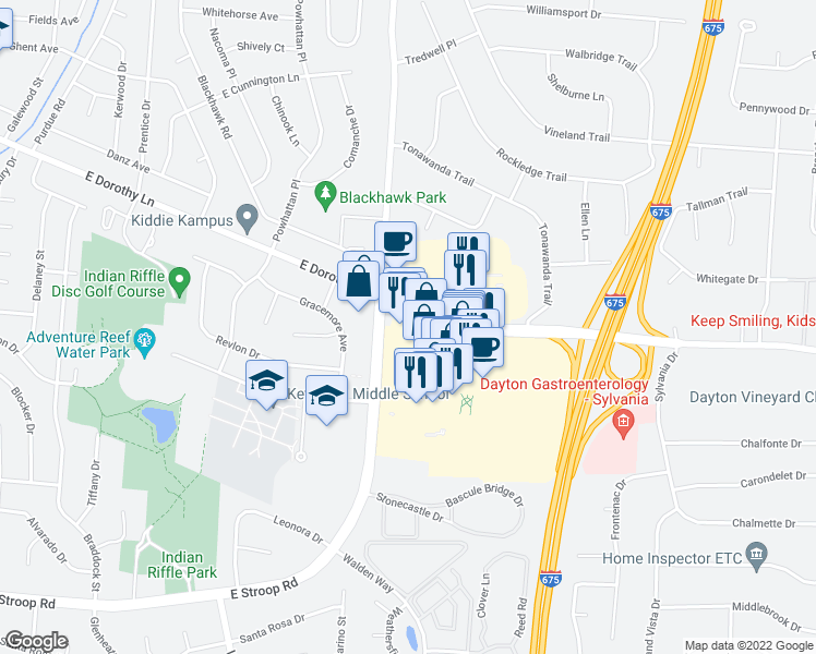 map of restaurants, bars, coffee shops, grocery stores, and more near 4465 Indian Ripple Road in Dayton
