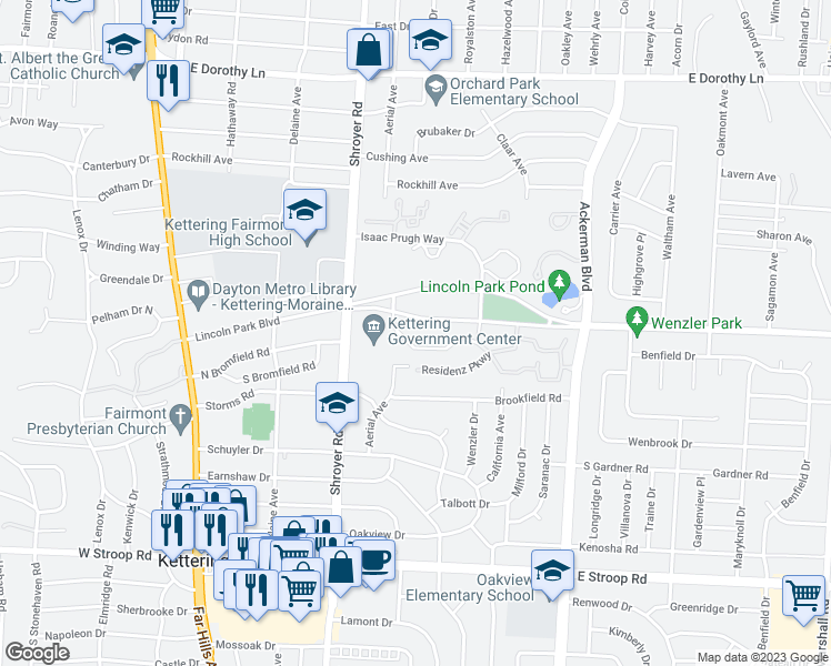 map of restaurants, bars, coffee shops, grocery stores, and more near 500 Lincoln Park Boulevard in Dayton