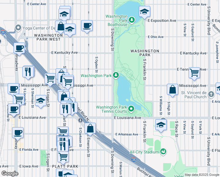 map of restaurants, bars, coffee shops, grocery stores, and more near 1115 South Downing Street in Denver