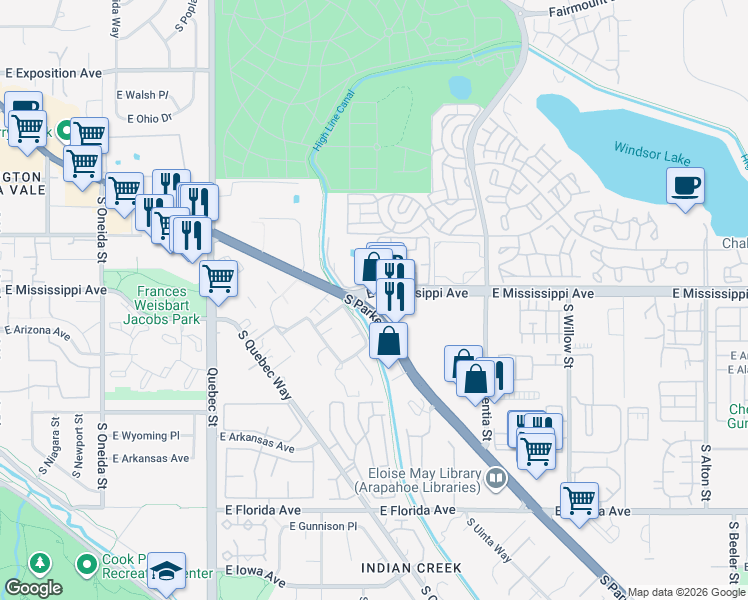 map of restaurants, bars, coffee shops, grocery stores, and more near 1120 South Parker Road in Denver