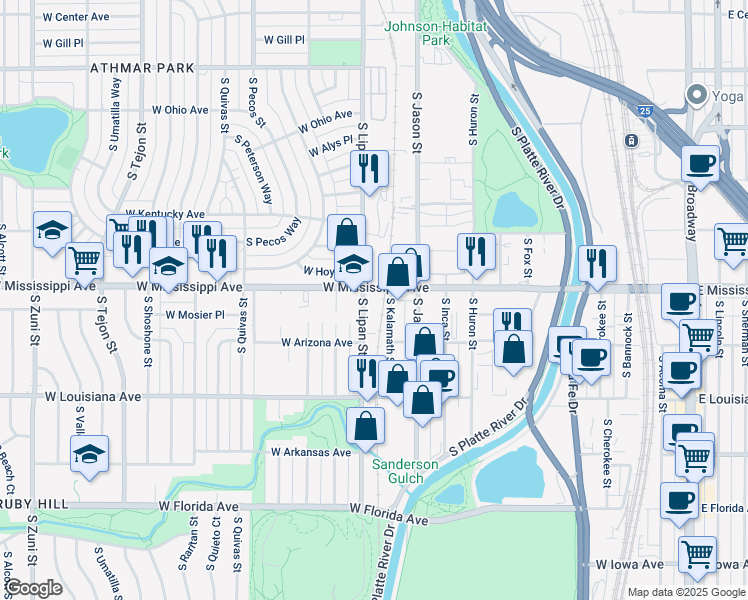 map of restaurants, bars, coffee shops, grocery stores, and more near 1130 South Lipan Street in Denver