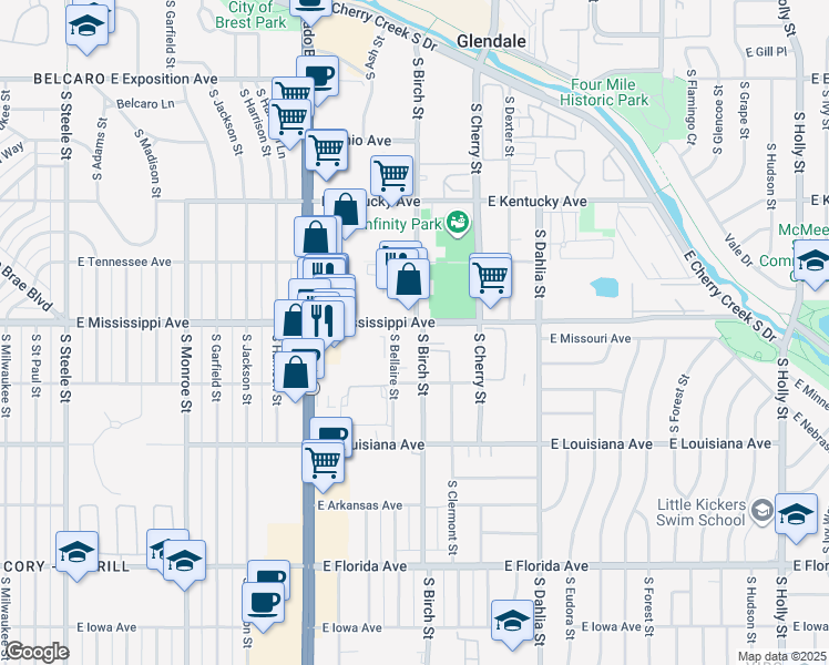 map of restaurants, bars, coffee shops, grocery stores, and more near 4390 East Mississippi Avenue in Denver
