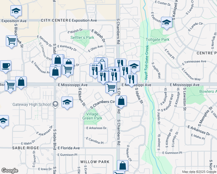 map of restaurants, bars, coffee shops, grocery stores, and more near 15160 East Mississippi Avenue in Aurora