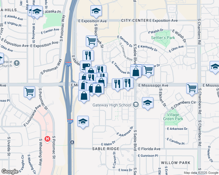 map of restaurants, bars, coffee shops, grocery stores, and more near 1 East Mississippi Place in Aurora