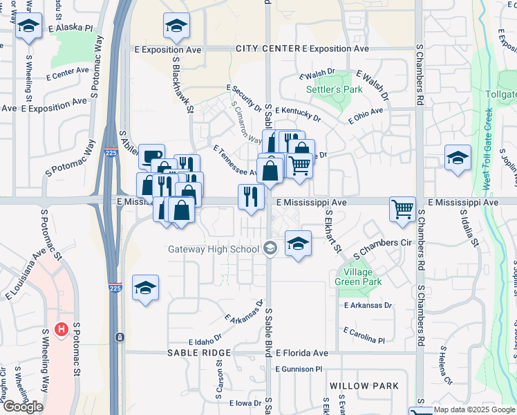 map of restaurants, bars, coffee shops, grocery stores, and more near 14462 East Mississippi Avenue in Aurora