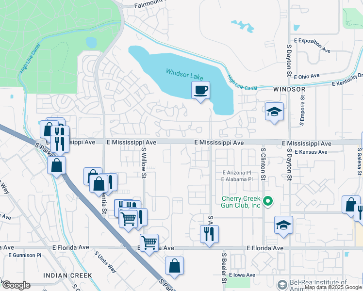 map of restaurants, bars, coffee shops, grocery stores, and more near 1152 South Yosemite Way in Denver