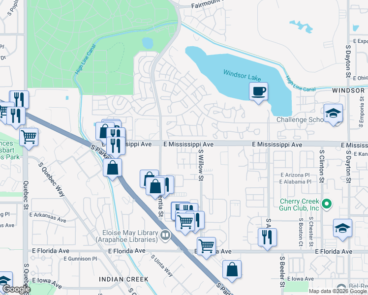 map of restaurants, bars, coffee shops, grocery stores, and more near 8420 East Mississippi Avenue in Denver