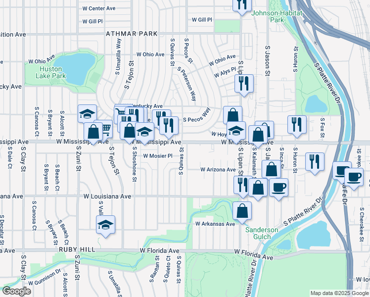 map of restaurants, bars, coffee shops, grocery stores, and more near 1100 South Quivas Street in Denver