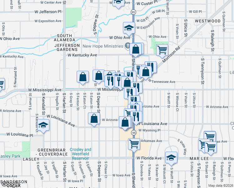 map of restaurants, bars, coffee shops, grocery stores, and more near 5308 West Shirley Place in Denver
