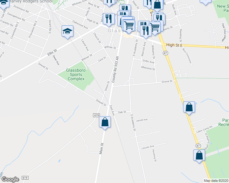 map of restaurants, bars, coffee shops, grocery stores, and more near 210-14 South Main Street in Glassboro