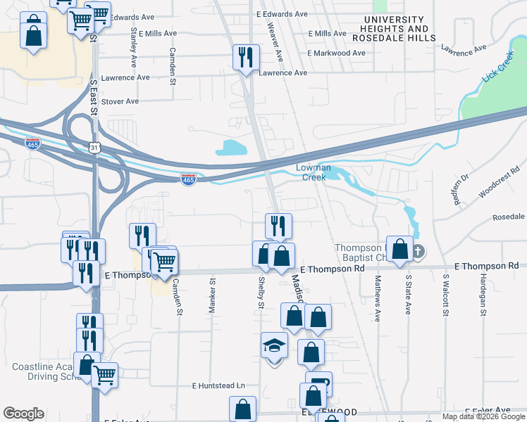 map of restaurants, bars, coffee shops, grocery stores, and more near 4735 Shelby Street in Indianapolis