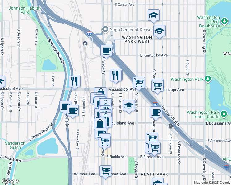 map of restaurants, bars, coffee shops, grocery stores, and more near 1131 South Sherman Street in Denver