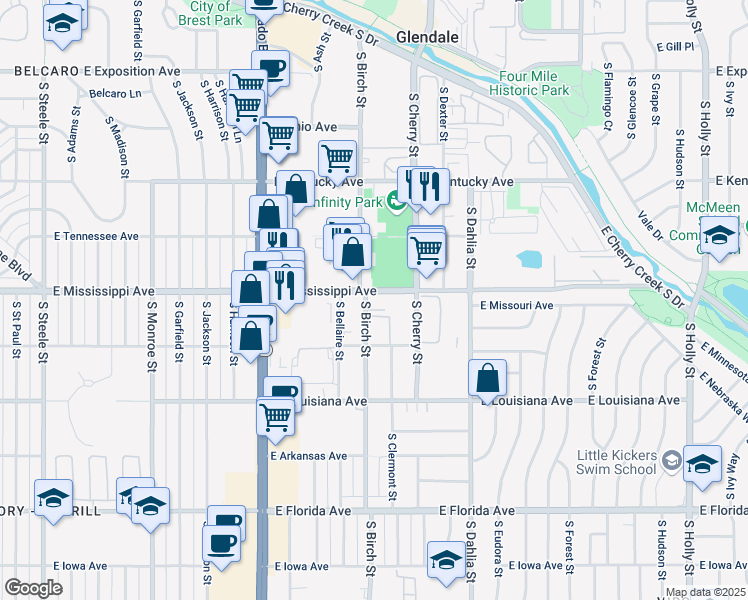 map of restaurants, bars, coffee shops, grocery stores, and more near 4400 East Mississippi Avenue in Denver