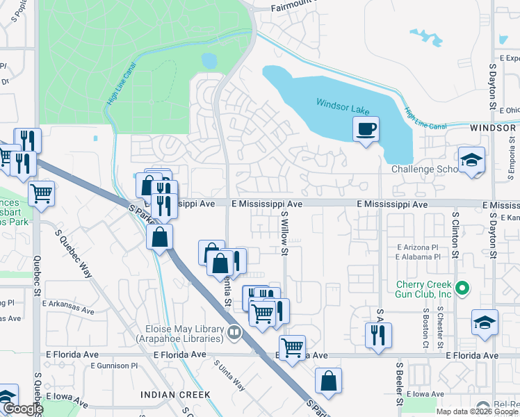 map of restaurants, bars, coffee shops, grocery stores, and more near 8420 East Mississippi Avenue in Denver