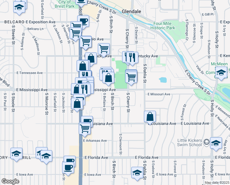 map of restaurants, bars, coffee shops, grocery stores, and more near 4400 East Mississippi Avenue in Denver