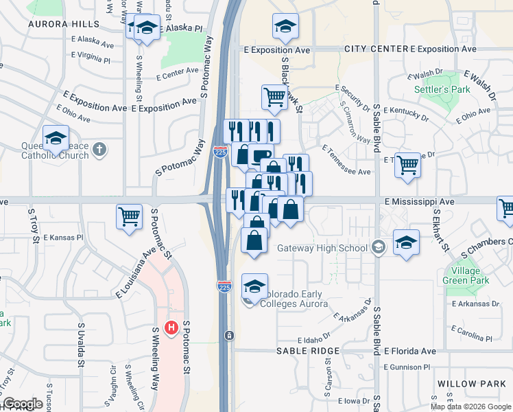 map of restaurants, bars, coffee shops, grocery stores, and more near 1113 South Abilene Court in Aurora