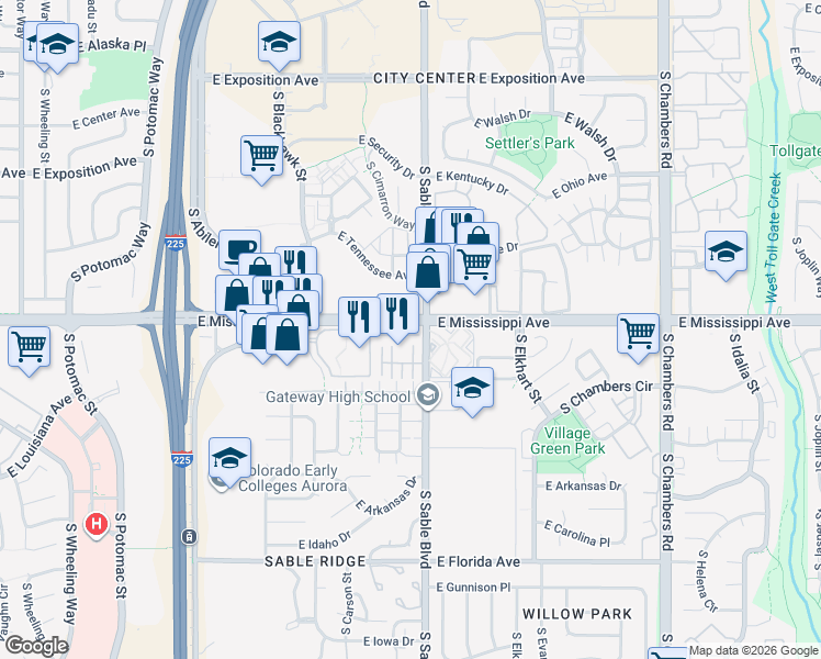 map of restaurants, bars, coffee shops, grocery stores, and more near 14462 East Mississippi Avenue in Aurora