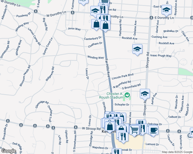 map of restaurants, bars, coffee shops, grocery stores, and more near 200 Pelham Drive South in Kettering