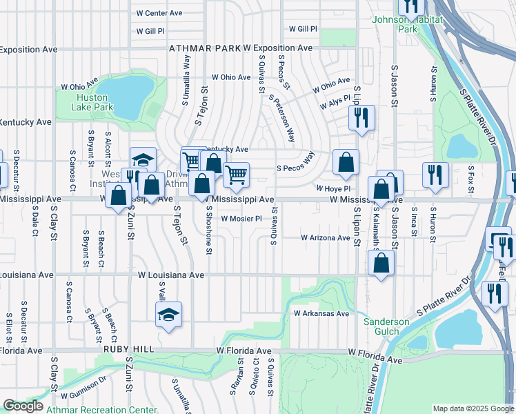 map of restaurants, bars, coffee shops, grocery stores, and more near 1725 West Mosier Place in Denver