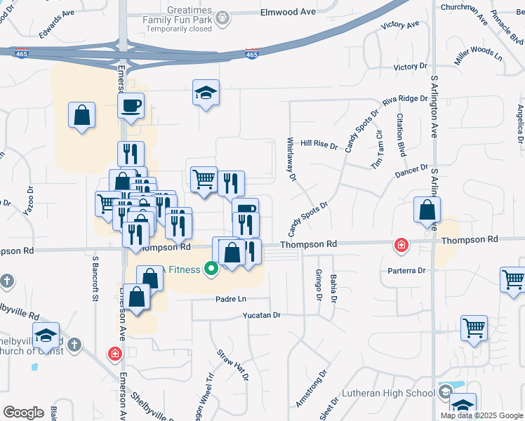 map of restaurants, bars, coffee shops, grocery stores, and more near 5428 Thompson Road in Indianapolis
