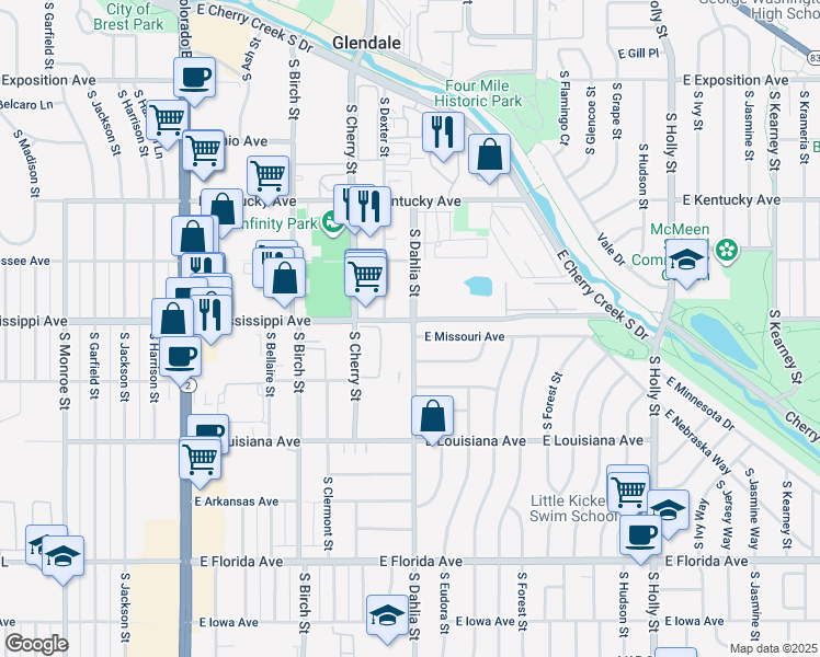 map of restaurants, bars, coffee shops, grocery stores, and more near 1105 South Dahlia Street in Denver