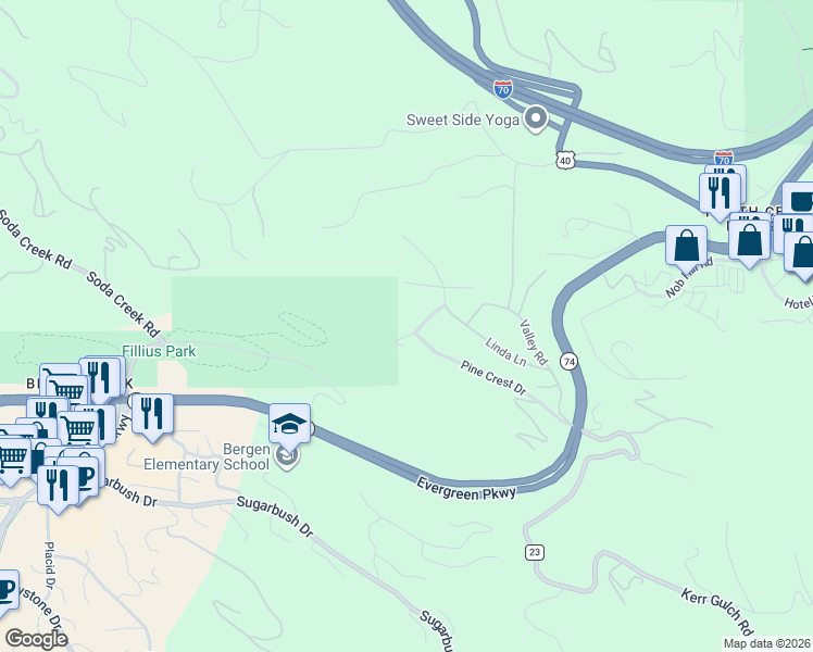 map of restaurants, bars, coffee shops, grocery stores, and more near 983 Wagon Trail Road in Evergreen