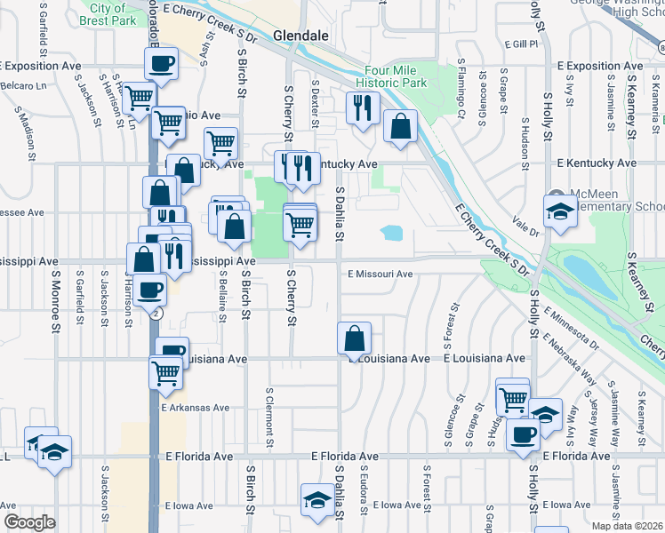 map of restaurants, bars, coffee shops, grocery stores, and more near 1105 South Dahlia Street in Denver