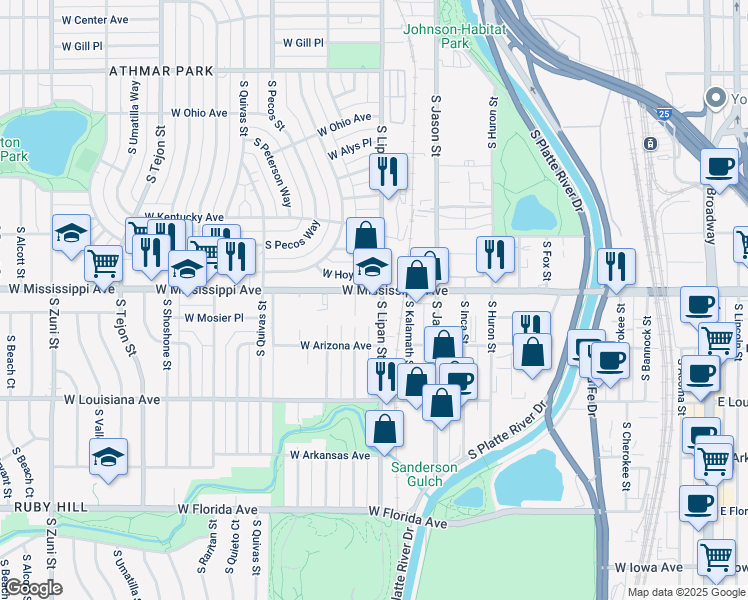 map of restaurants, bars, coffee shops, grocery stores, and more near 1200 West Mississippi Avenue in Denver