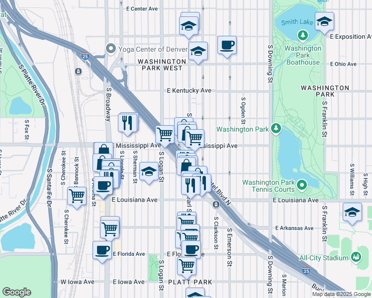 map of restaurants, bars, coffee shops, grocery stores, and more near 1115 South Pearl Street in Denver