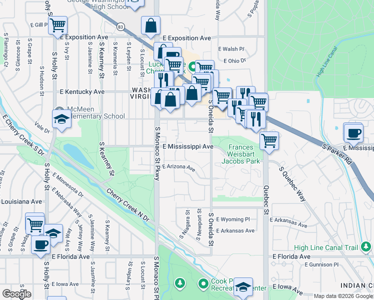 map of restaurants, bars, coffee shops, grocery stores, and more near 6745 South Niagara Street in Denver