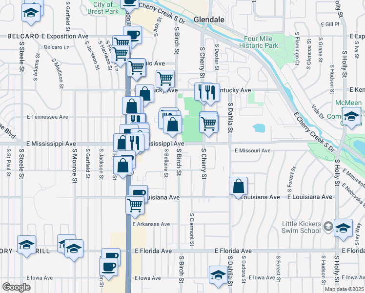 map of restaurants, bars, coffee shops, grocery stores, and more near 4400 East Mississippi Avenue in Denver
