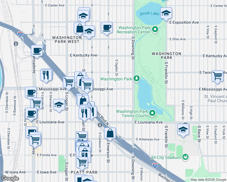 map of restaurants, bars, coffee shops, grocery stores, and more near 1127 South Ogden Street in Denver